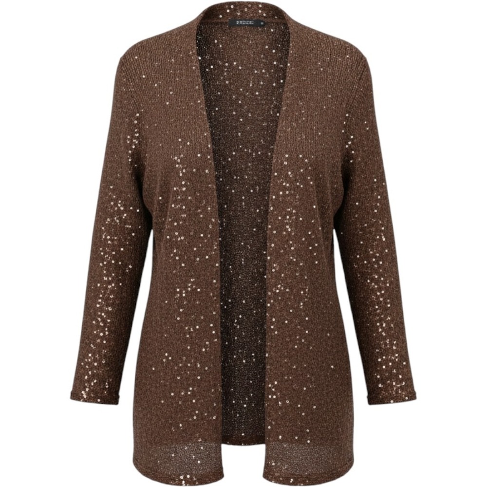 NIC + ZOE Womens Brown Sequin Open Front Knit Cardigan Sweater Size Large